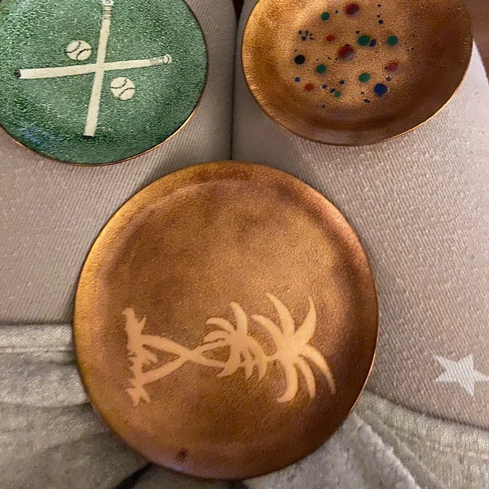 Vintage Enameled copper trinket dish palm trees A-16 - Picture 4 of 4